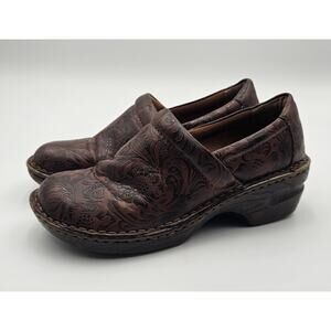Womens Born BOC Peggy Brown Floral Tooled Embossed Faux Leather Clog Shoes 8